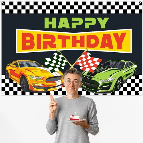Miniatura 5 de RaceCar - Cartel de feliz cumpleaños de carreras de autos de carreras, decoración temática deportiva, decoración para interiores y exteriores