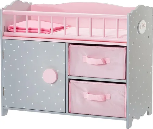 Olivia's Little World Cuna de madera para muñeca con un gabinete y dos cubículos para almacenamiento de accesorios de muñeca debajo, lunares rosados