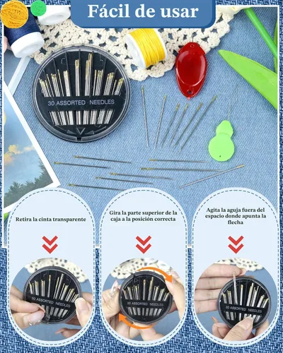 Miniatura 4 de FIVEIZERO Juego de 30 Agujas de Acero para Costura a Mano, Kit de 6 Tamaños de Agujas de Ojo Grande para Bordado y Costura a Mano con Enhebradores