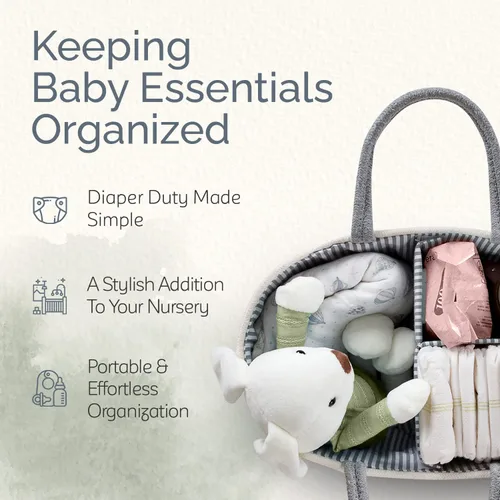 Miniatura 2 de KiddyCare Organizador de Cestas de Pañales Tejido, Cesta de Bebé Portátil Multifuncional Grande Gris con Asa, Regalo de Bebé para Guardería