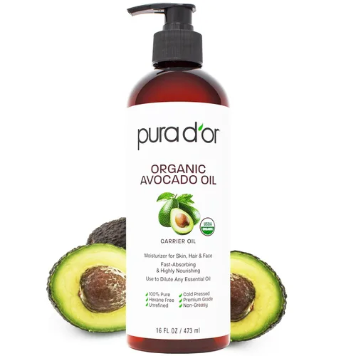 PURA D'OR Aceite de Aguacate ORGÁNICO de 16 Oz, 100% Puro y Natural Certificado por USDA, Aceite Portador Prensado en Frío Para Belleza DIY, No