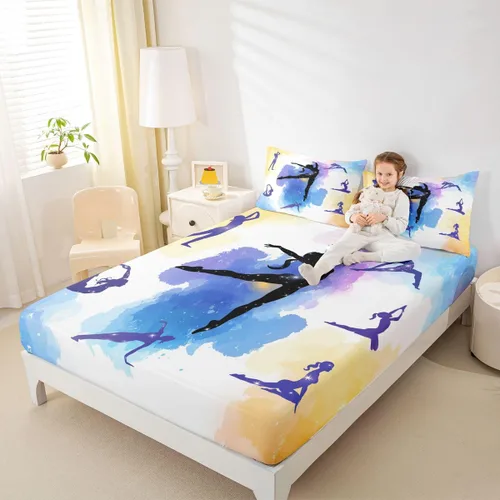Miniatura 15 de Sábana bajera ajustable de ballet para niñas, juego de ropa de cama de ballet para danza de ballet, sábanas de cama con rayas geométricas onduladas