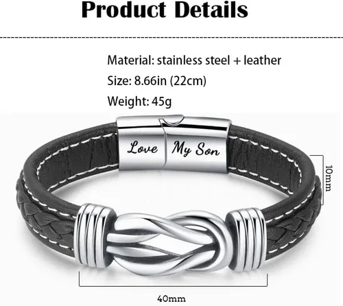 Miniatura 5 de Pulsera de cuero trenzado con texto en inglés To My SonTo My Grandson, pulsera inspiradora de acero inoxidable para hombre, regalos para hijo
