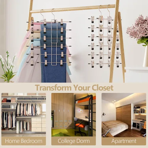 Miniatura 5 de Perchas para pantalones con clips, organizador de armario de ahorro de espacio de 6 niveles, perchas para faldas con gancho giratorio de 360°