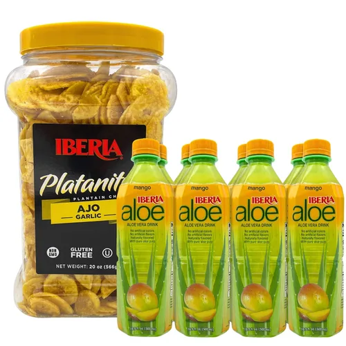 Miniatura 2 de Iberia Chips de plátano de ajo, 20 onzas + bebida Iberia Aloe Vera con pulpa de aloe pura, variedad, (paquete de 8)