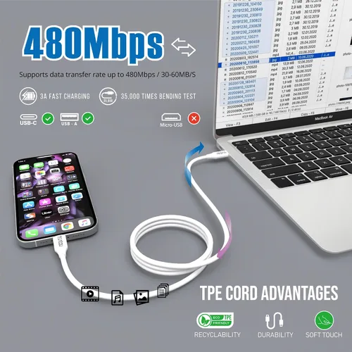 Miniatura 9 de Cable USB A a USB C de 6 pies, cable de carga rápida de 60 W compatible con iPhone 17/17 Pro Max/16/16e/16 Plus/15 Pro Max, Samsung Galaxy Blanco