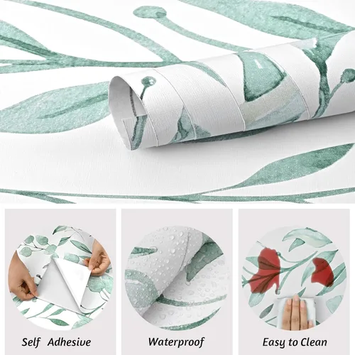 Miniatura 4 de WENMER Papel tapiz autoadhesivo de hojas verdes para despegar y pegar, papel de contacto floral extraíble de hojas de acuarela de 17.7 x 118