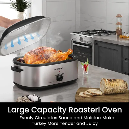 Miniatura 3 de Horno rostizador eléctrico, con tapa y autohumectante, con descongelado y mantenimiento de calor, temperatura ajustable, bandeja y rejilla plateado