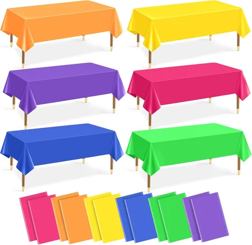 Miniatura 23 de Mwellewm 6 manteles de plástico desechables, mantel de arcoíris de colores surtidos, rectangular de neón colorido a granel sólido para cumpleaños