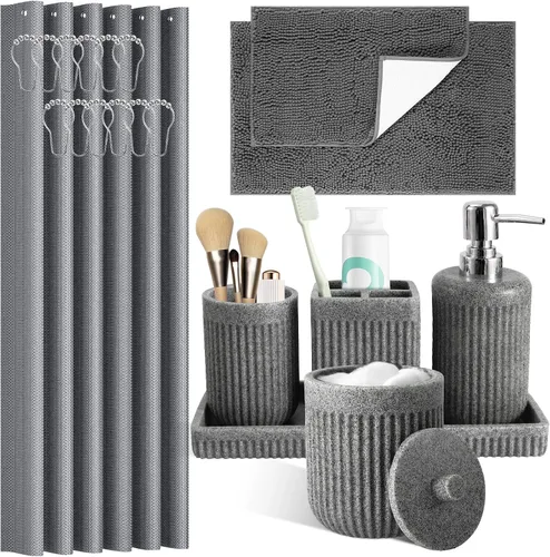 Miniatura 23 de XLHOMO Juego de accesorios de baño de resina beige de 5 piezas, dispensador de jabón y loción, soporte para cepillo de dientes, vaso de baño, porta