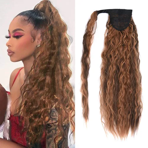 Miniatura 9 de Extensión de cola de caballo con clip de onda de maíz, 22 pulgadas de largo, ondulado, rizado, envolvente, resistente al calor, sintético, postizo