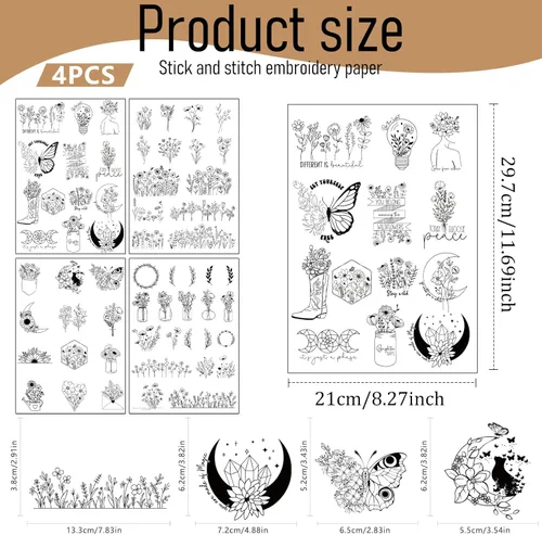 Miniatura 2 de Papel de bordado estabilizador soluble en agua, 4 hojas, 60 piezas, papel de bordado bohemio para pegar y coser que se lava, papeles