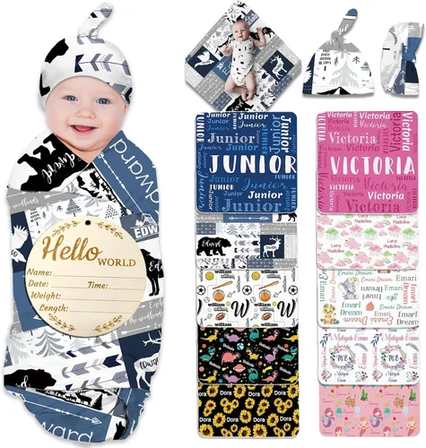 Miniatura 17 de Manta de bebé personalizada para niña y niño, manta de recepción con nombre personalizado con diadema de lazo y sombrero, regalos personalizados
