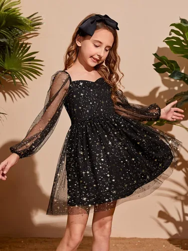 Miniatura 3 de WDIRARA Vestido de manga larga abombada con volantes y lunares para niña