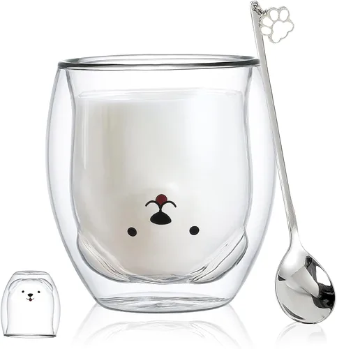 Miniatura 14 de Binoster Tazas Lindas de Oso Kawaii de Vidrio de Doble Pared para Café y Té, Taza de Yogur Divertida, Regalo Novedoso para Mujeres, Sus Amigas