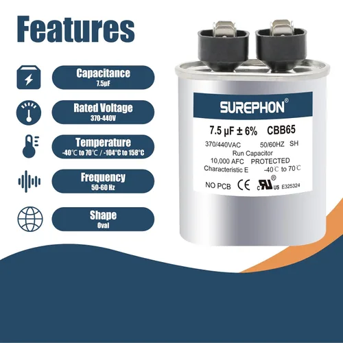 Miniatura 3 de Condensador Mfd Actualizado de 7.5 ±6% 370V/440V Condensador de Funcionamiento y Arranque Ovalado para Motor de CA o Arranque de Ventilador y Bomba