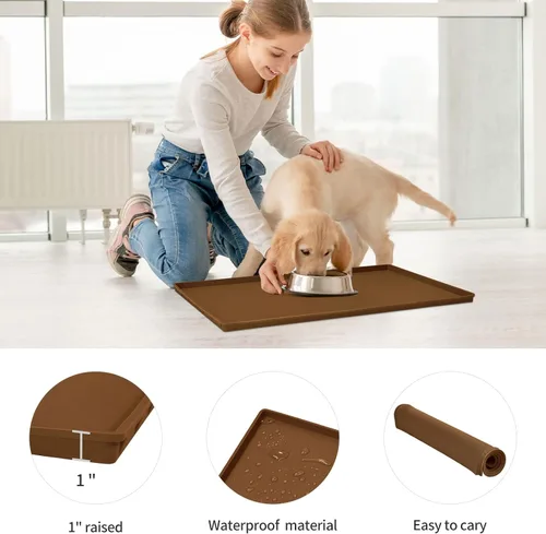Miniatura 2 de Tapete de comida para perros, bandeja de comida impermeable de silicona, mantel individual antideslizante para mascotas, borde elevado de 1 pulgada