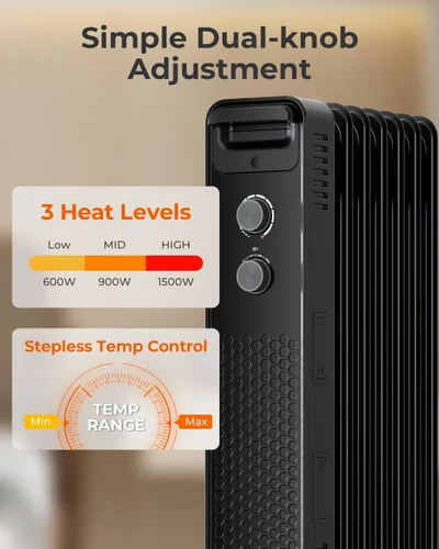 Miniatura 3 de ZAFRO 1500 W Calentador Eléctrico de Radiador Lleno de Aceite con Termostato Ajustable, Protección Contra Sobrecalentamiento y Vuelco, Bajo Nivel