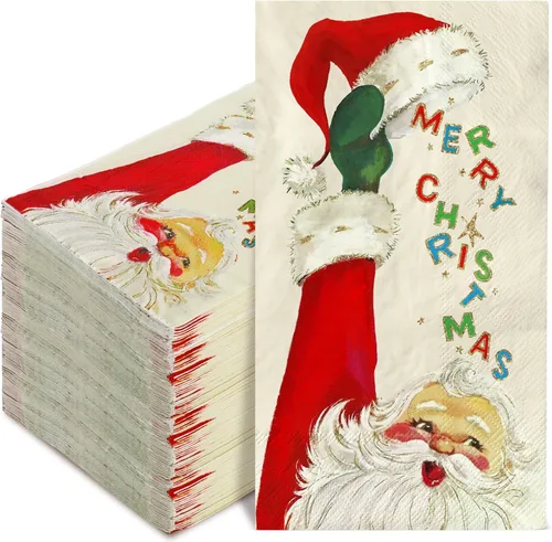 Miniatura 9 de 80 servilletas de papel desechables de Papá Noel con texto en inglés "Merry Christmas" para invitados de Navidad, para decoración de mesa de baño