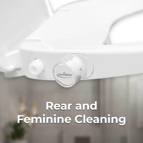 Miniatura 6 de GenieBidet Asiento de inodoro de bidé alargado - Boquillas dobles con adaptador en T y botella - Presión de agua ajustable y asiento de bidé de Lado