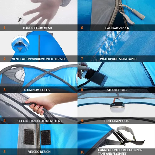 Miniatura 4 de BISINNA Tienda de campaña para 2/4 personas, tienda de campaña ligera para mochileros, impermeable, resistente al viento, dos puertas, fácil Azul