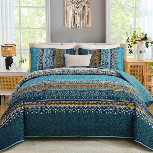 Miniatura 32 de WONGS BEDDING Juego de Colcha Morada Tamaño King, Juego de Colchas Bohemias a Rayas de 3 Piezas, Colcha Ligera de Microfibra para Todas las Púrpura