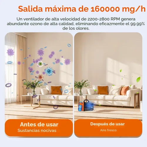 Miniatura 2 de Generador de ozono de 160,000 mg/H con pantalla de temperatura/humedad, temporizador de 120 minutos, purificador de aire ionizador O3 para espacios