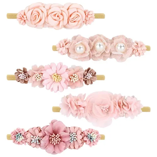 Cinaci Paquete de 5 diademas delicadas de nailon con flores florales, accesorios para el cabello para bebés, niñas, recién nacidos, bebés y niños