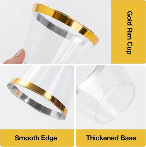 Miniatura 3 de Goodluck 100 vasos de plástico dorados de 9 onzas para fiestas, vasos desechables con borde dorado, vasos de cóctel de plástico para bodas, Acción