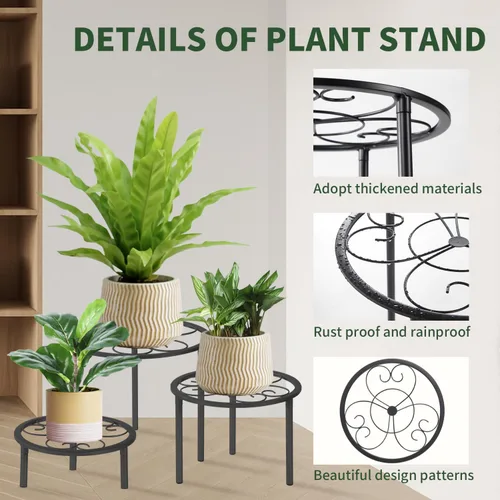 Miniatura 5 de Juego de 5 estantes de metal para plantas en maceta, estantes resistentes para plantas de diferentes tamaños, estantes de flores de hierro, Negro