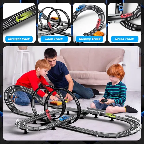 Miniatura 2 de Juegos de pista de carreras de coches de ranura para niños, batería o pista de carreras eléctrica con 4 coches de ranura de alta velocidad y 2