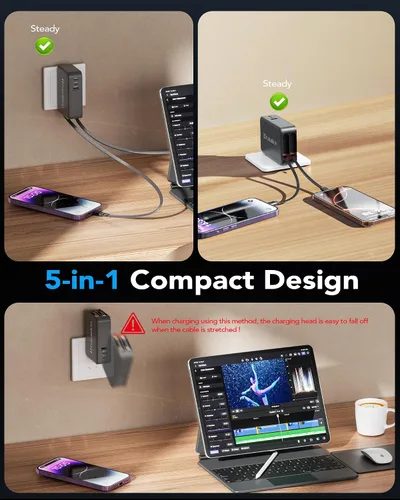 Miniatura 6 de Cargador de 65 W para MacBook Pro, enchufe de cargador de pared retráctil 5 en 1 para iPhone 17, cable USB C PD dual de 3.94 pies y 3 puertos