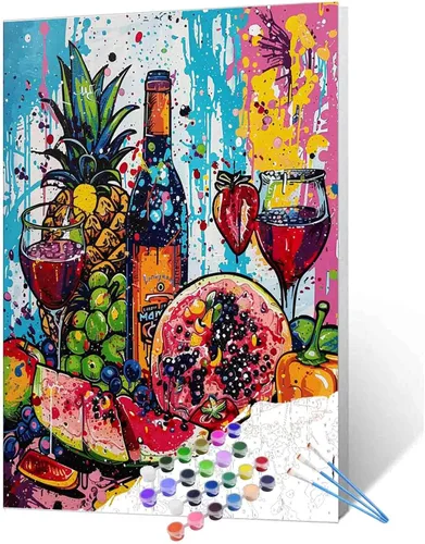 Miniatura 38 de Pintura de fiesta de vino tinto por números para adultos principiantes, vino vintage en vidrio, pintura por números, pintura acrílica, lienzo