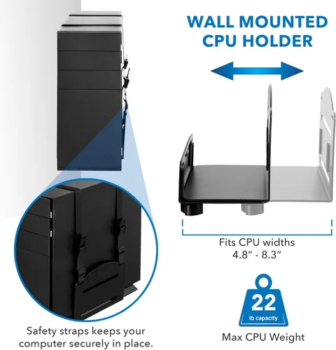 Miniatura 7 de Mount-It! Estación de trabajo de montaje en pared con soporte para monitor individual, bandeja para teclado y soporte para CPU, brazos ajustables