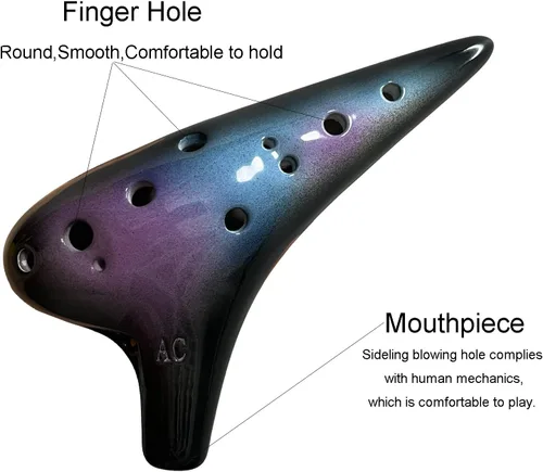 Miniatura 9 de Instrumento de Ocarina de 12 Agujeros con Libro de Canciones para Principiantes, Ocarina de Cerámica Alto C (Azul Estrellado y Morado y Negro)