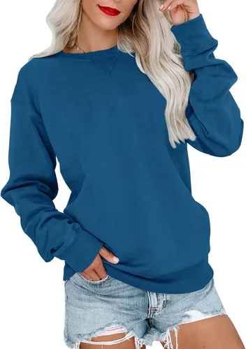 Bingerlily Sudadera casual de manga larga para mujer, cuello redondo, linda sudadera pullover de ajuste relajado, tops Azul