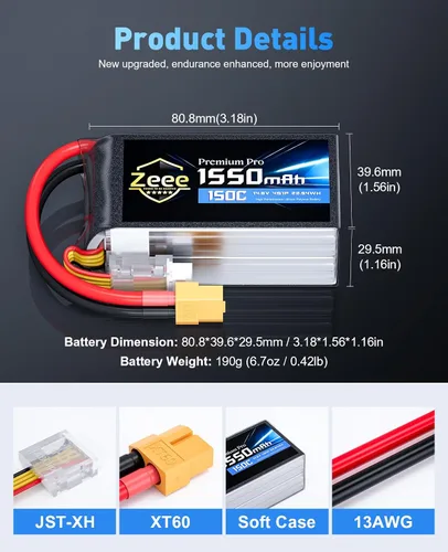 Miniatura 3 de Zeee Premium Pro 1550mAh 4S Lipo Batería 14.8V 150C Ultra Low IR Soft Pack Batería RC con enchufe XT60 para FPV Drone Quadcopter Racing Helicóptero