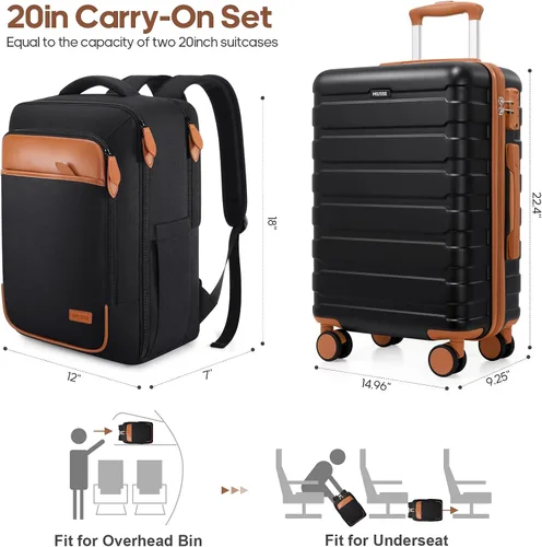 Miniatura 2 de Juegos de equipaje rígido de 20 pulgadas con mochila, equipaje de mano de 22 x 14 x 9 pulgadas, aprobado por aerolíneas para hombres y mujeres
