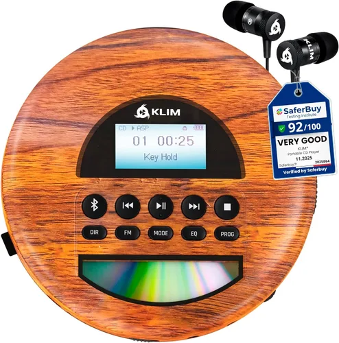 KLIM Nomad Wood - Reproductor portátil de CD Walkman - Batería de larga duración - Incluye auriculares - Radio FM - Compatible con reproductor de CD