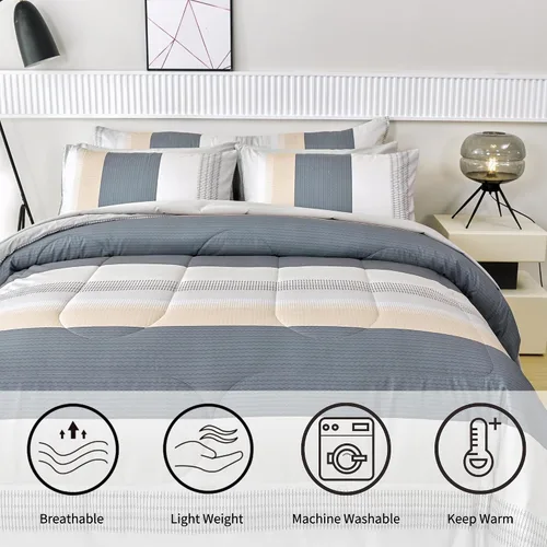 Miniatura 3 de RYNGHIPY Juego de edredón de tamaño matrimonial, color beige y gris, a rayas, para hombres y niños, juego de ropa de cama suave para todas
