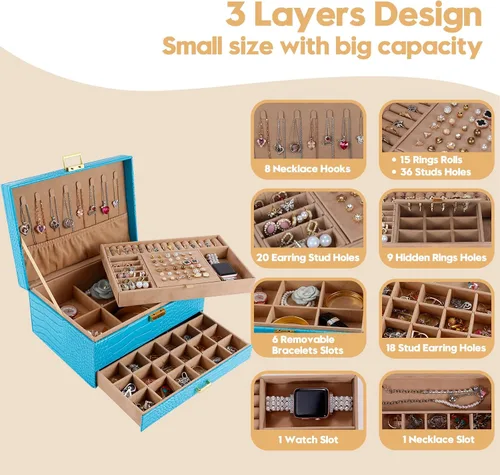 Miniatura 2 de Gifturbo Caja organizadora de joyas para mujeres y niñas, cajas de joyería de piel sintética azul, 3 capas de joyería, caja de regalo para pulseras
