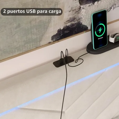 Miniatura 6 de Base de cama tamaño Queen con cabecera ajustable y cajón de almacenamiento, marco de cama tapizado Queen con luces LED RGB y estación de carga