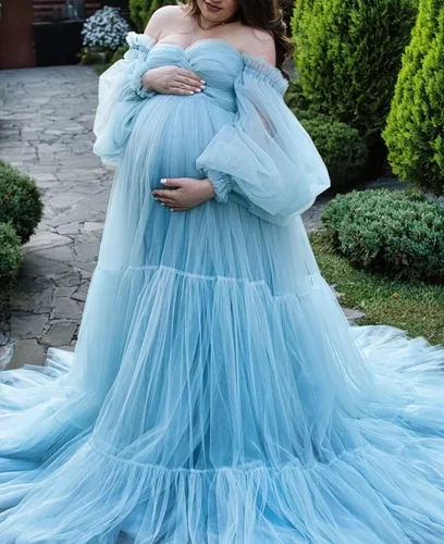 Miniatura 2 de Vestido de maternidad de tul hinchado para sesión de fotos, batas de manga larga, hombros descubiertos, lencería transparente, vestidos de baby