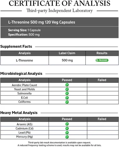 Miniatura 3 de Vitamatic L-treonina 500mg - 120 cápsulas vegetales promueve la función saludable del hígado, cardiovascular y estructural