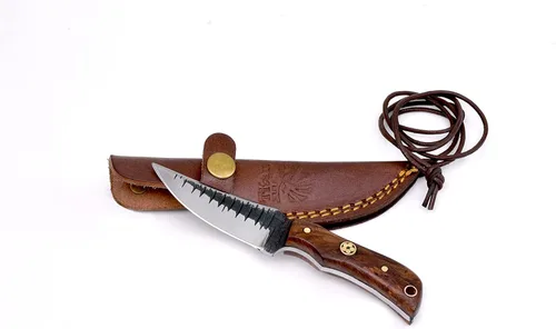 Titan International Knives Cuchillo de cuello hecho a mano de acero al carbono 1080 | Hoja de escamas forjadas Mango de palisandro | Funda de cuero