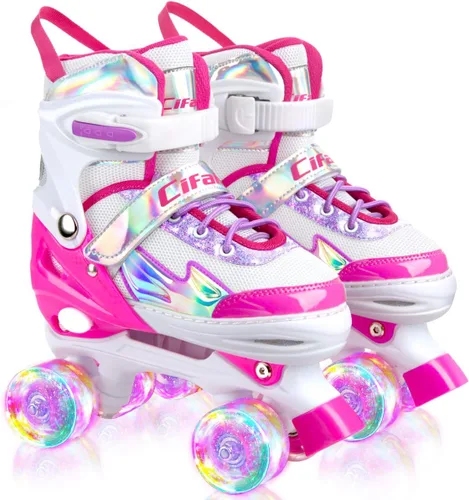 Patines negros y rosados para niñas y niños de 4 a 13 años, 4 tamaños, ruedas iluminadas y diseño superior brillante