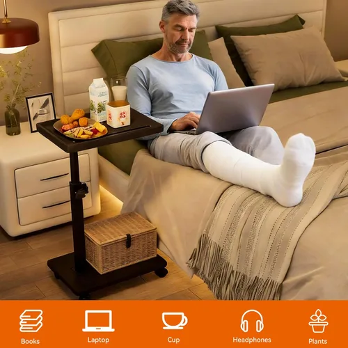 Miniatura 4 de IBUYKE Mesa auxiliar en forma de C ajustable en altura, mesa giratoria de 360° con ruedas, mesa auxiliar para espacios pequeños, sala de estar