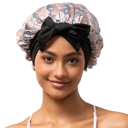 Miniatura 22 de Gorro de satén de seda con banda de amarre para dormir, para mujeres de cabello rizado: gorro de noche para cabello liso, ondulado, ensortijado, Rosa
