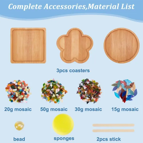 Miniatura 2 de WEBEEDY Juego de 3 posavasos de mosaico para manualidades, kits de mosaico de colores mixtos de vidrio con posavasos de bambú para adultos