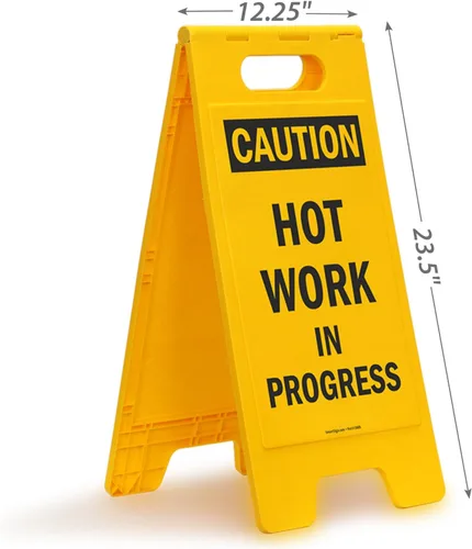 Miniatura 3 de SmartSign Letrero plegable de plástico con texto en inglés "Caution - Hot Work In Progress" de 25 x 12 pulgadas, color negro y amarillo Hot Work in